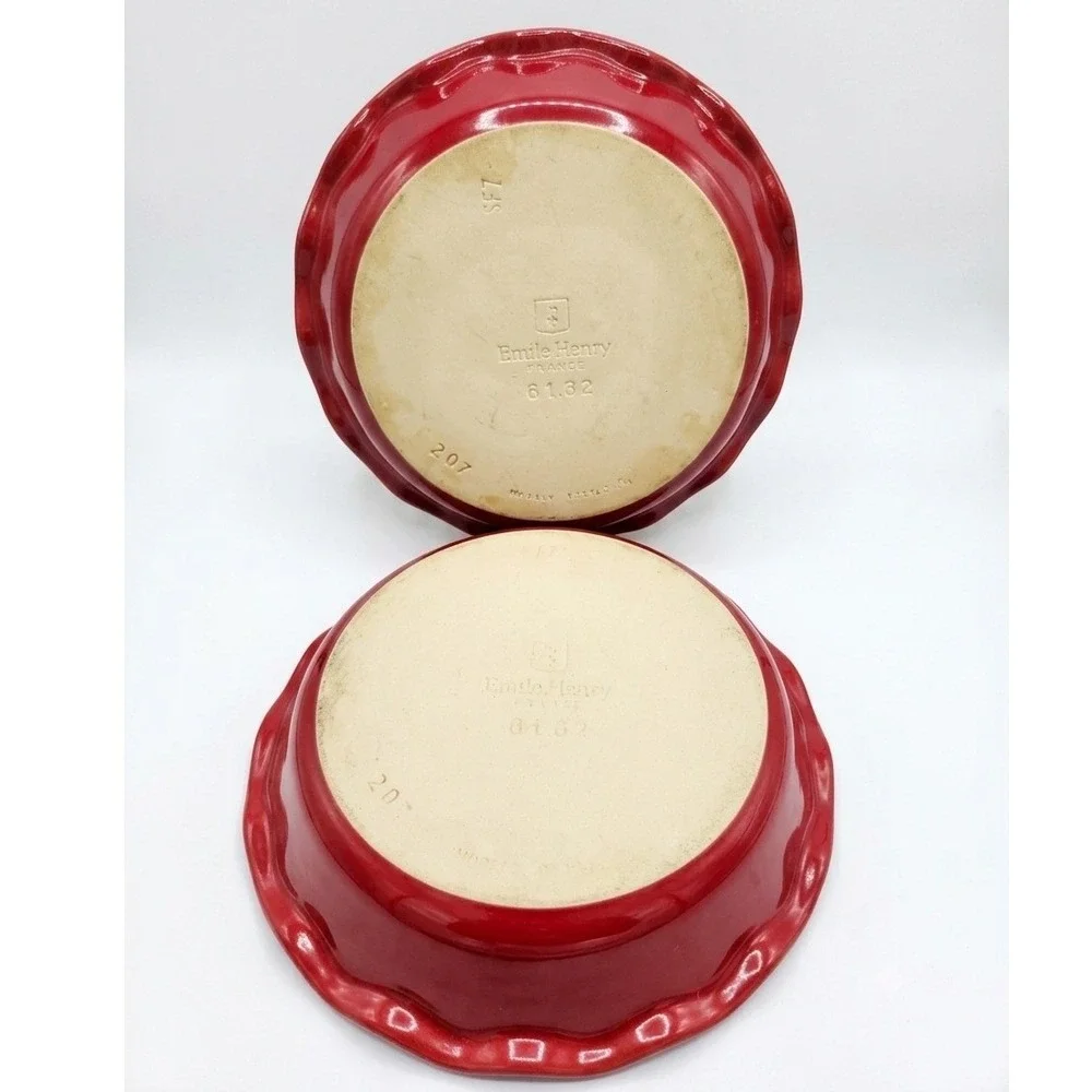 Emile Henry France Red Ruffled Pie Dishes Ceramic Baking Pans Set 2 81.82 Vtg.